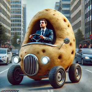 An AI-generated hyperrealistic image of an office worker commuting inside a giant potato, modified as a vehicle. The potato has wheels, headlights, and a small windshield.