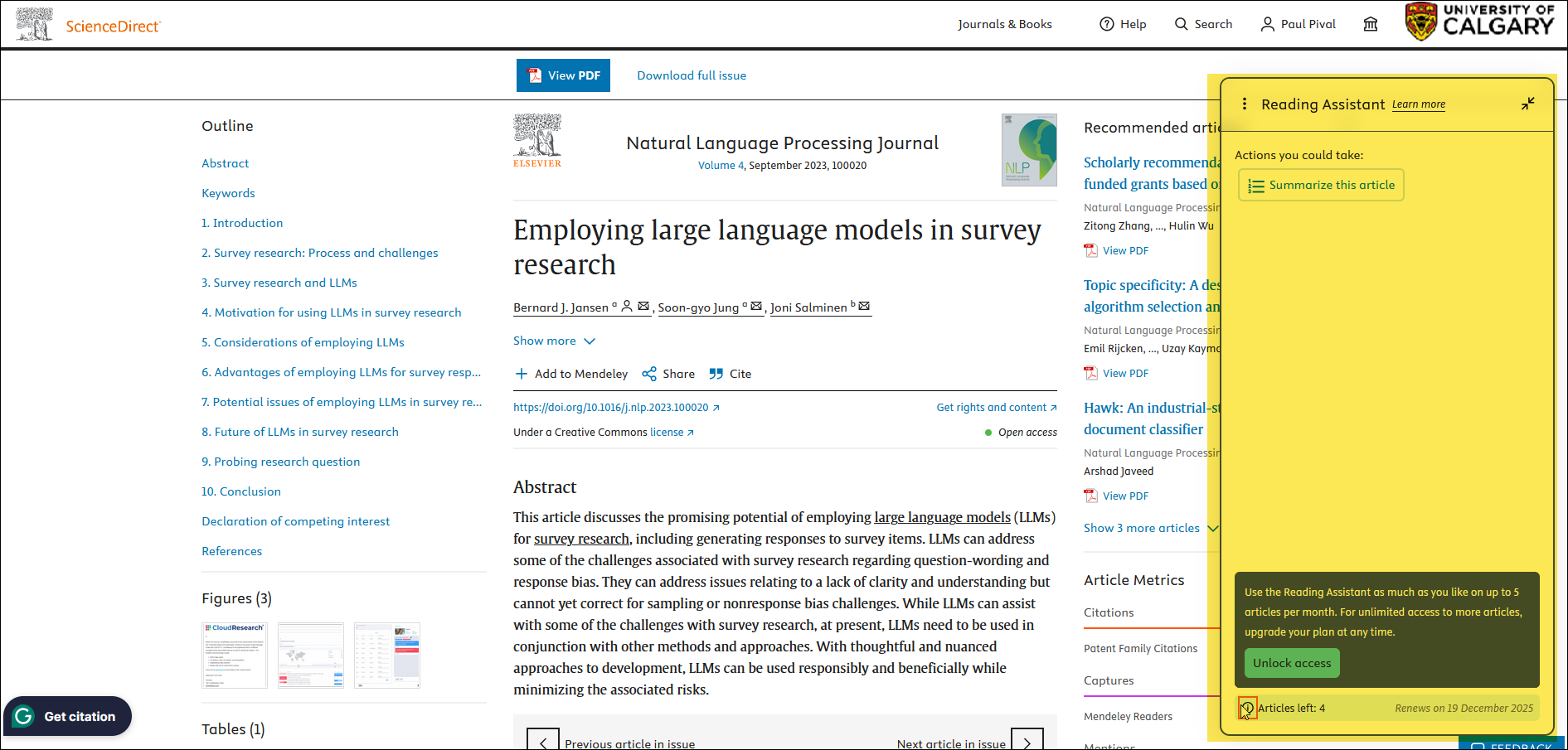 Screen shot highlighting the AI Reading Assistant on a ScienceDirect article.